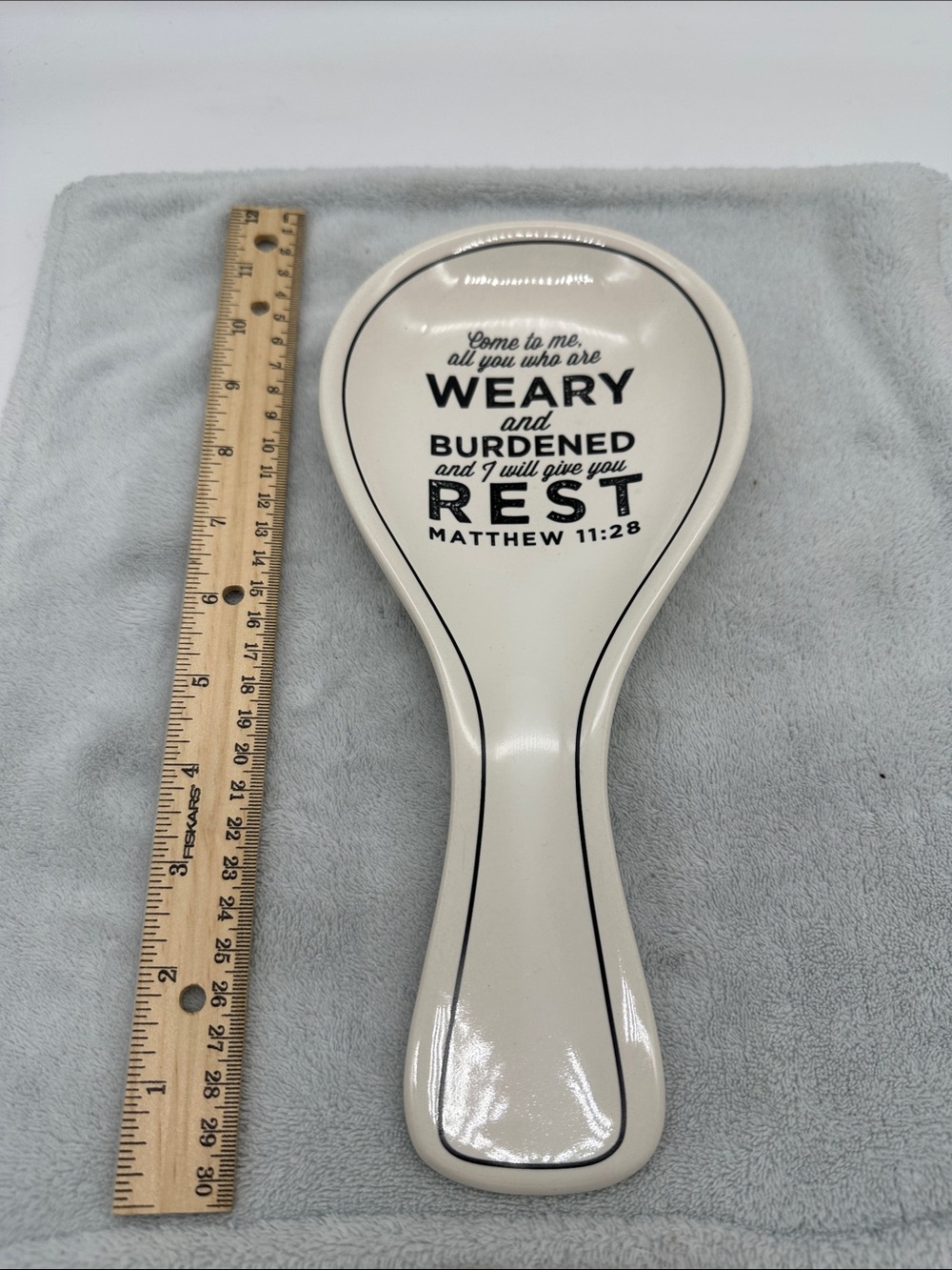 Home Essentials Ceramic Spoon Rest with Matthew 11:28 Scripture- White and Black
